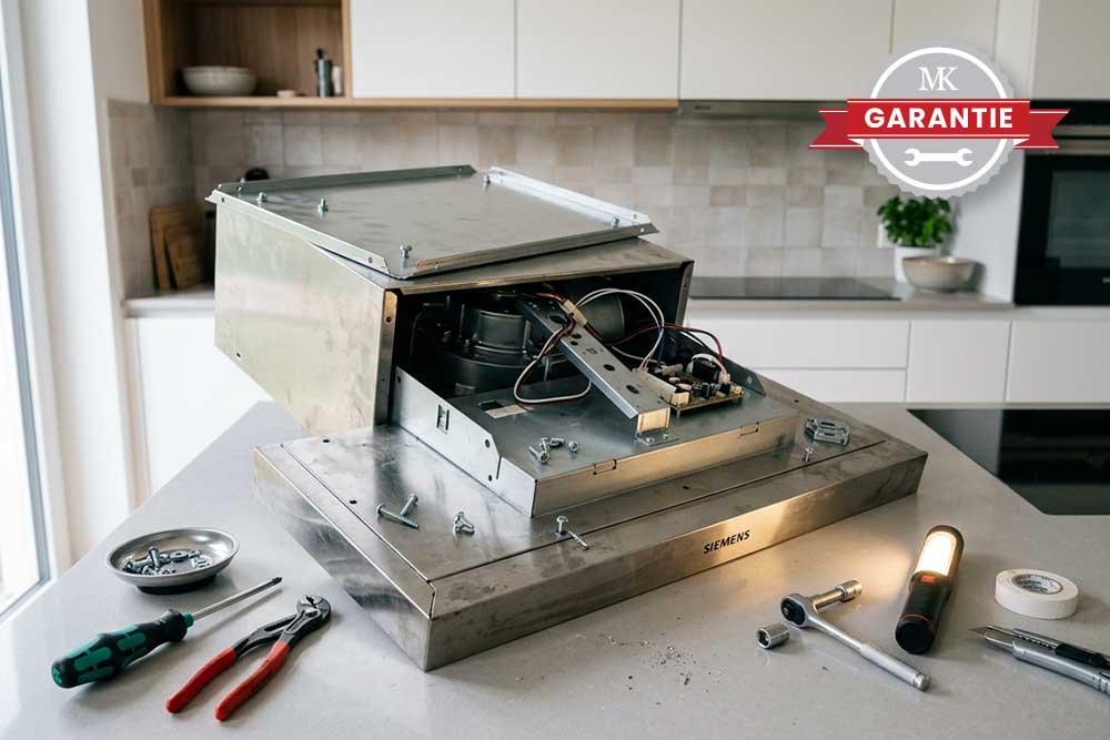 Eine demontierte Siemens Dunstabzugshaube liegt geöffnet auf einer Kücheninsel; daneben liegt Werkzeug und im Eck ist ein MK Garantie-Siegel eingeblendet.