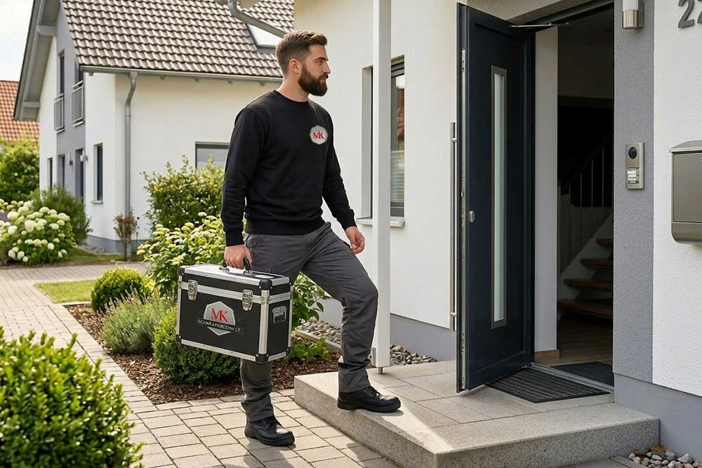Ein Techniker im schwarzen MK Pullover betritt mit einem silber-schwarzen Werkzeugkoffer den Eingangsbereich eines modernen Einfamilienhauses für einen Vor-Ort-Service.