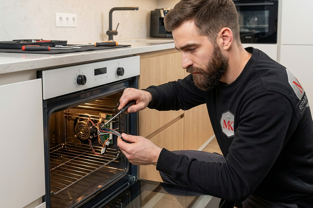 Ein Techniker im schwarzen Pullover mit dem Logo 'MK Reparaturservice' repariert einen Einbaubackofen in einer Küche.