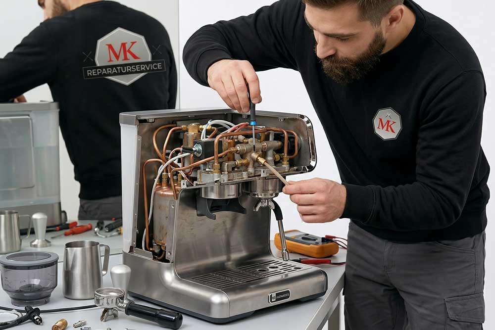 Ein Techniker im schwarzen Pullover mit dem Logo 'MK Reparaturservice' repariert das geöffnete Innenleben einer Espressomaschine mit einem Werkzeug in einer Werkstatt.
