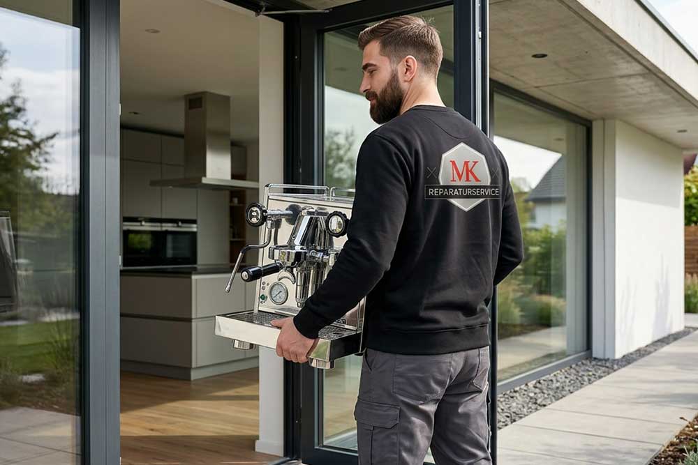 Ein Servicetechniker von MK Reparaturservice trägt eine glänzende Siebträgermaschine aus einer modernen Küche nach draußen zum Kundenfahrzeug.