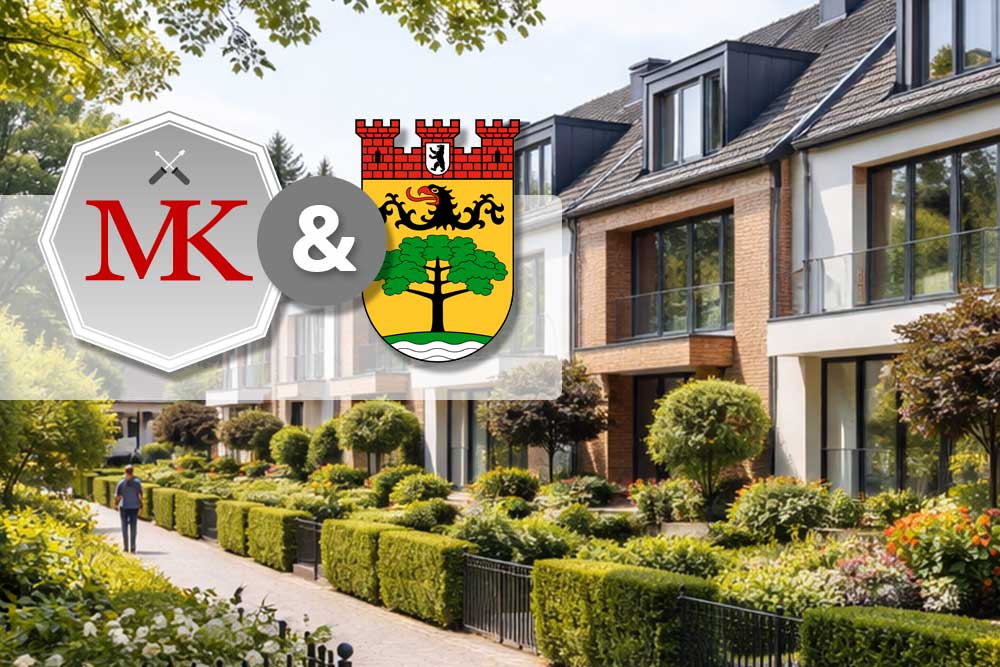 Moderne Einfamilienhäuser in Berlin Steglitz-Zehlendorf, überlagert mit dem Logo des MK Reparaturservice und dem offiziellen Wappen des Bezirks.