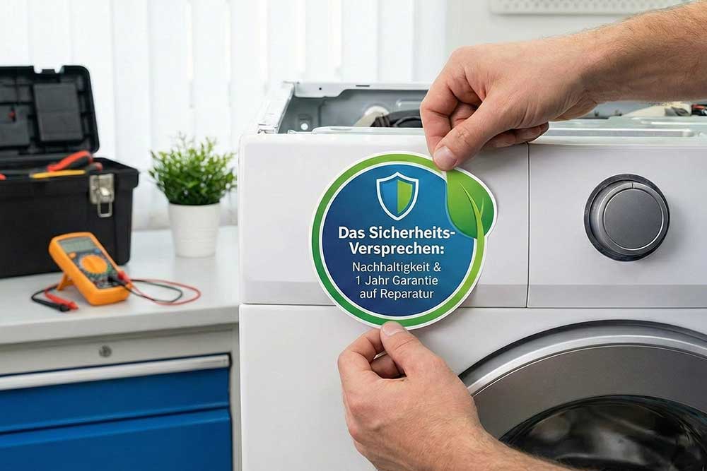 Nahaufnahme einer Waschmaschine, auf die ein runder Aufkleber mit der Aufschrift „Das Sicherheits-Versprechen: Nachhaltigkeit & 1 Jahr Garantie auf Reparatur“ angebracht wird. Im Hintergrund sind ein Werkzeugkoffer und eine kleine Pflanze zu sehen.