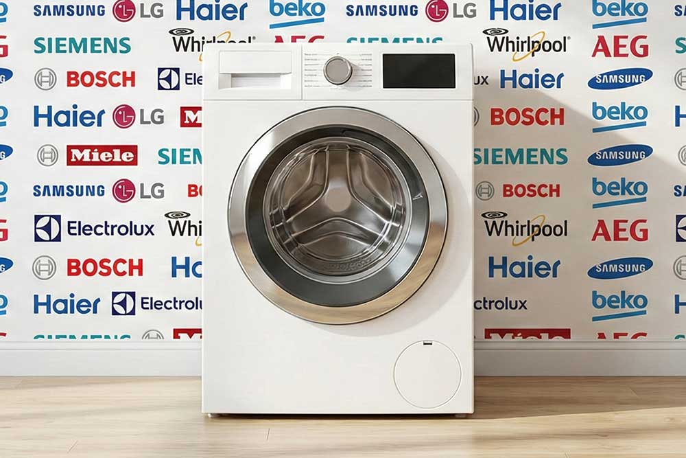 Eine weiße Waschmaschine steht vor einer Wand, die flächendeckend mit den Logos bekannter Hersteller wie Miele, Bosch, Siemens, Samsung und LG bedruckt ist.